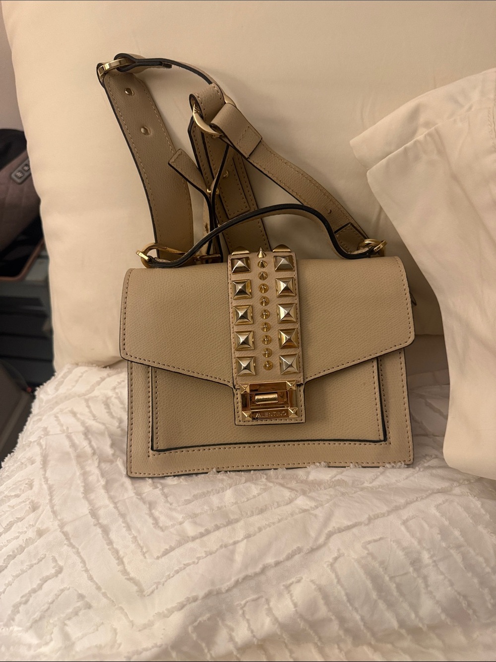 Mario Valentino Beige Top-Handle Bag with Gold Studs